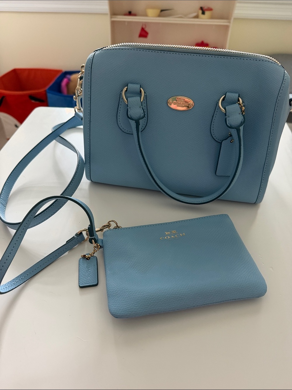 Coach Pebbled Leather bag and wristlet in Light Blue